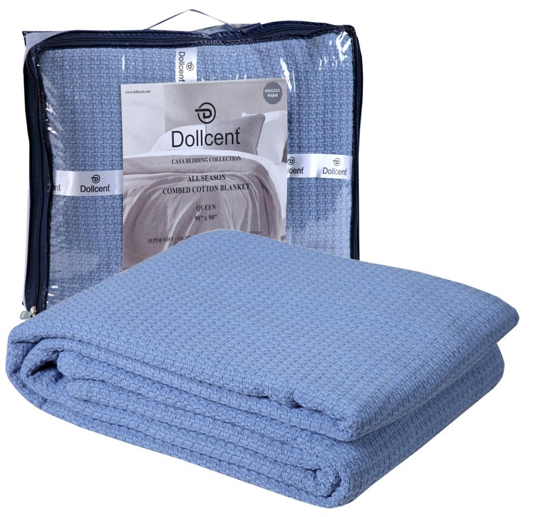 DOLLCENT 100% Cotton California King Size Blanket For Bed, Premium Combed Lightweight Blankets, Washed Breathable Cozy Bed Throw Blanket, Blue Cal King Cotton Blankets For All Season: Blue (102"x108") - Image 1